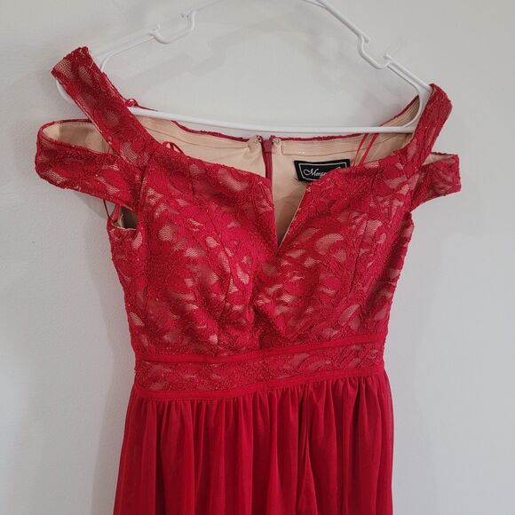 Morgan And Co Womens Off Shoulder Dress Size 3 Red Floral Lace Glitter Formal - Picture 2 of 8